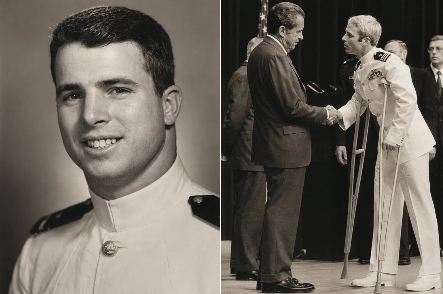Two photographs of John McCain: dark-haired before captivity, white-haired after.